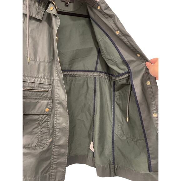 J Crew XS Waxed Cotton Long Military Field Coat Hooded Barn Jacket Army Green - Picture 9 of 13